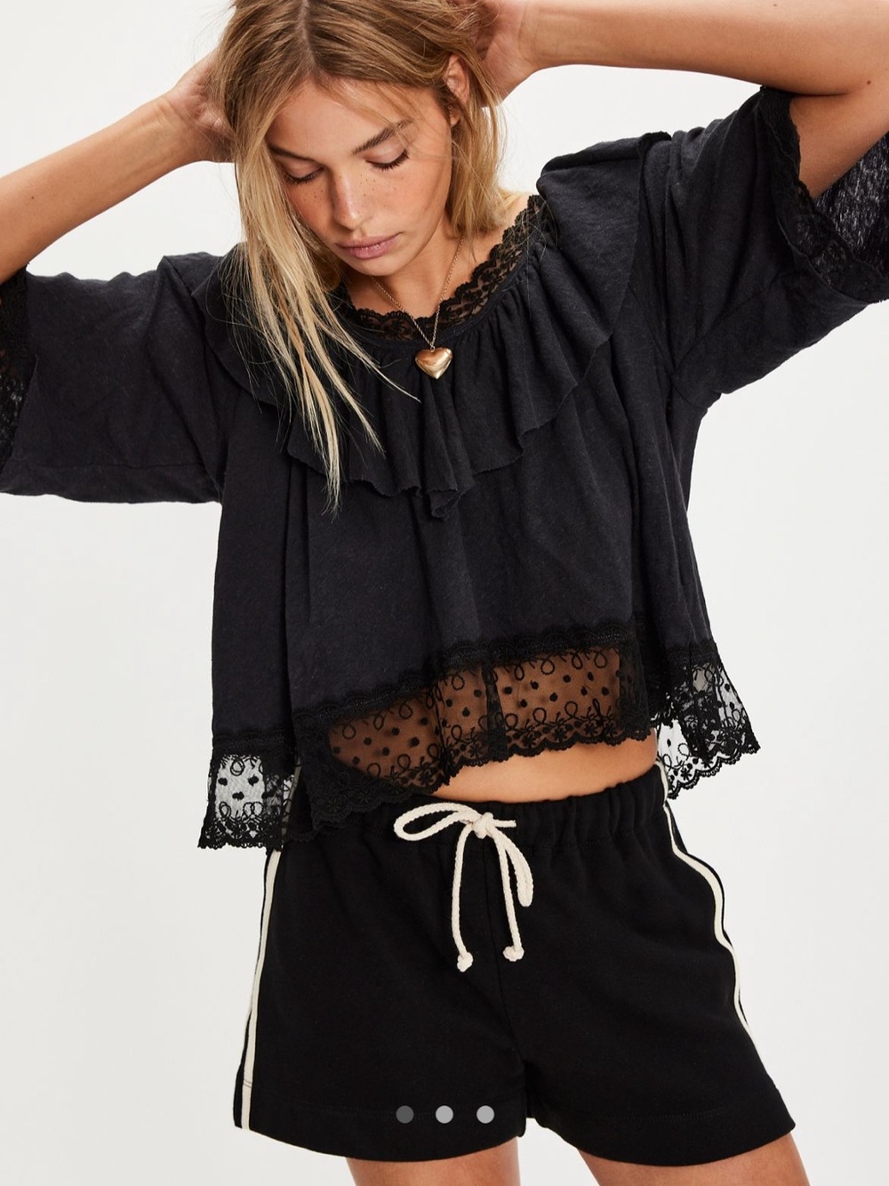 Free People Black Lace-Trim Short Sleeve Crop Top